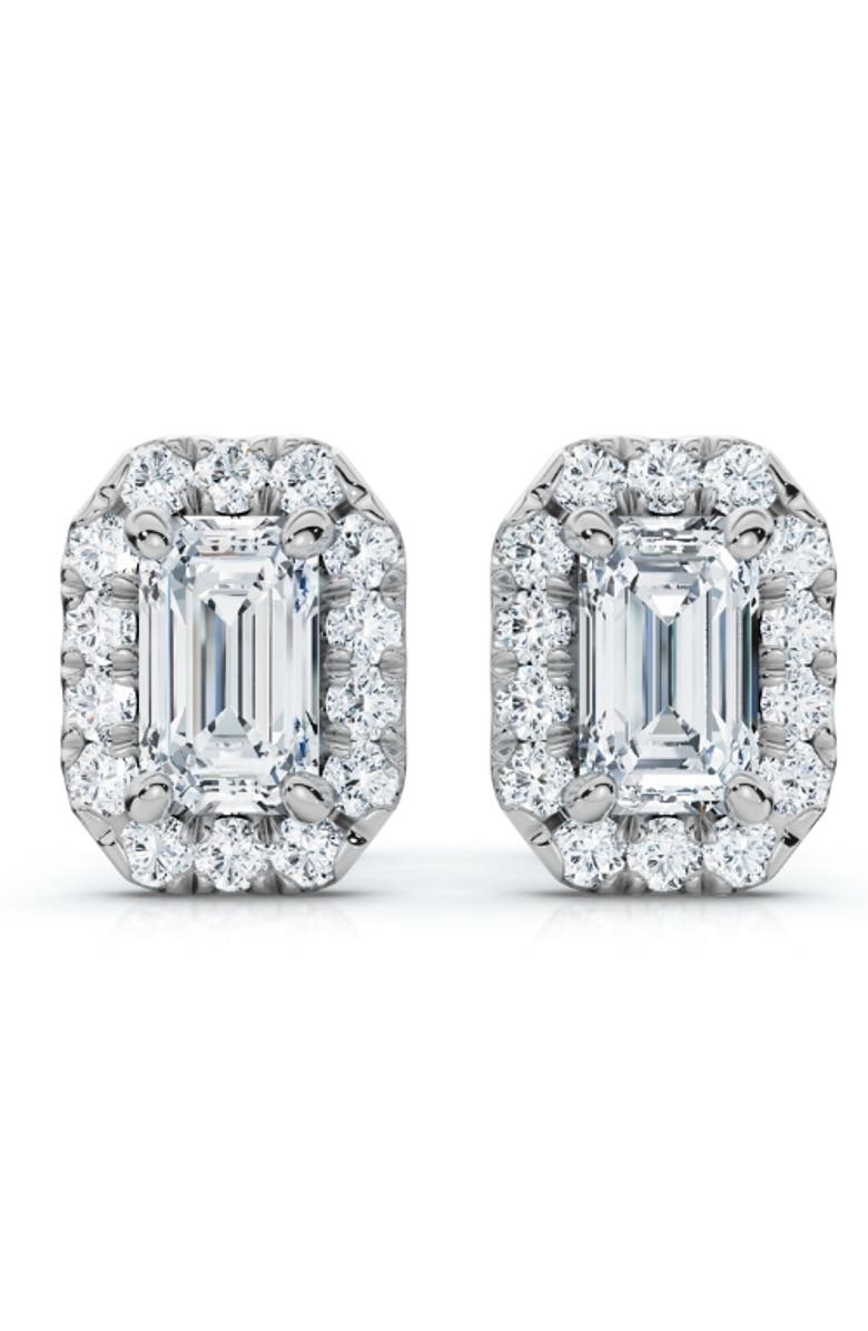 Bliss Diamond 3/4Ct Emerald Lab Grown Diamond Halo Studs Silver Earrings, Main, color, Silver