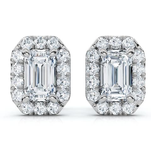 3/4 Ct Emerald Moissanite & Lab Grown Diamond Halo Studs 14k Gold Earrings