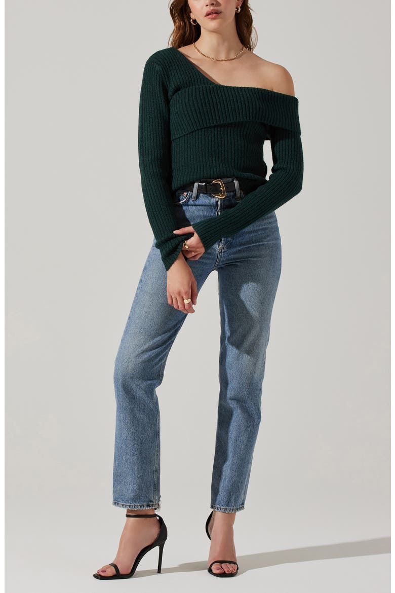 Asymmetric Foldover One-Shoulder Rib Sweater, Alternate, color, DEEP GREEN