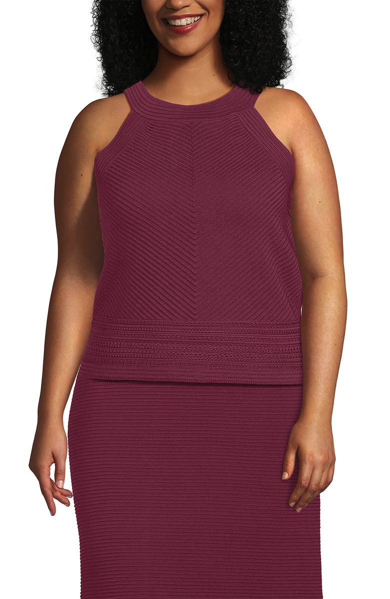 Lands' End Gassed Cotton Pointelle Halter Top Sweater Set Top, Main, color,