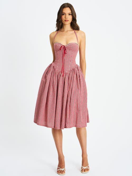 Miss Circle Women Susanna Red Gingham Halter Drop Waist Midi Dress In Pink