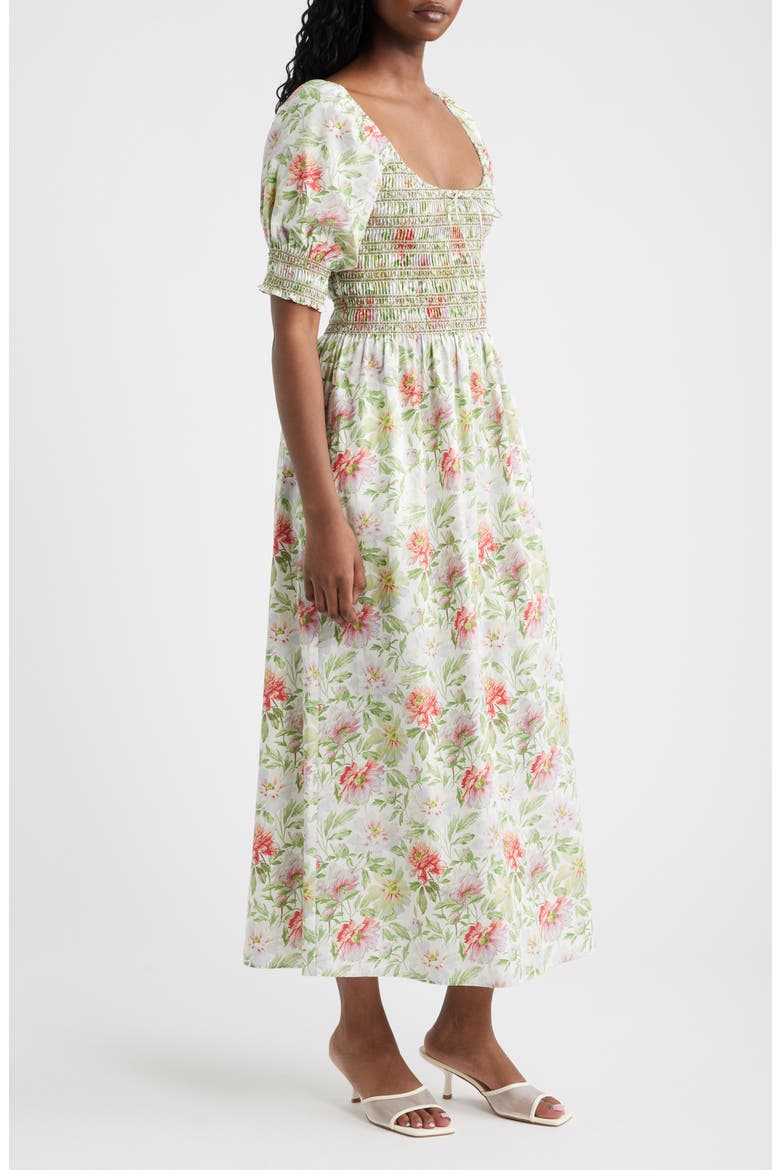 The Madeline Floral Smocked Puff Sleeve Cotton Maxi Dress, Alternate, color, PEONY CHINTZ