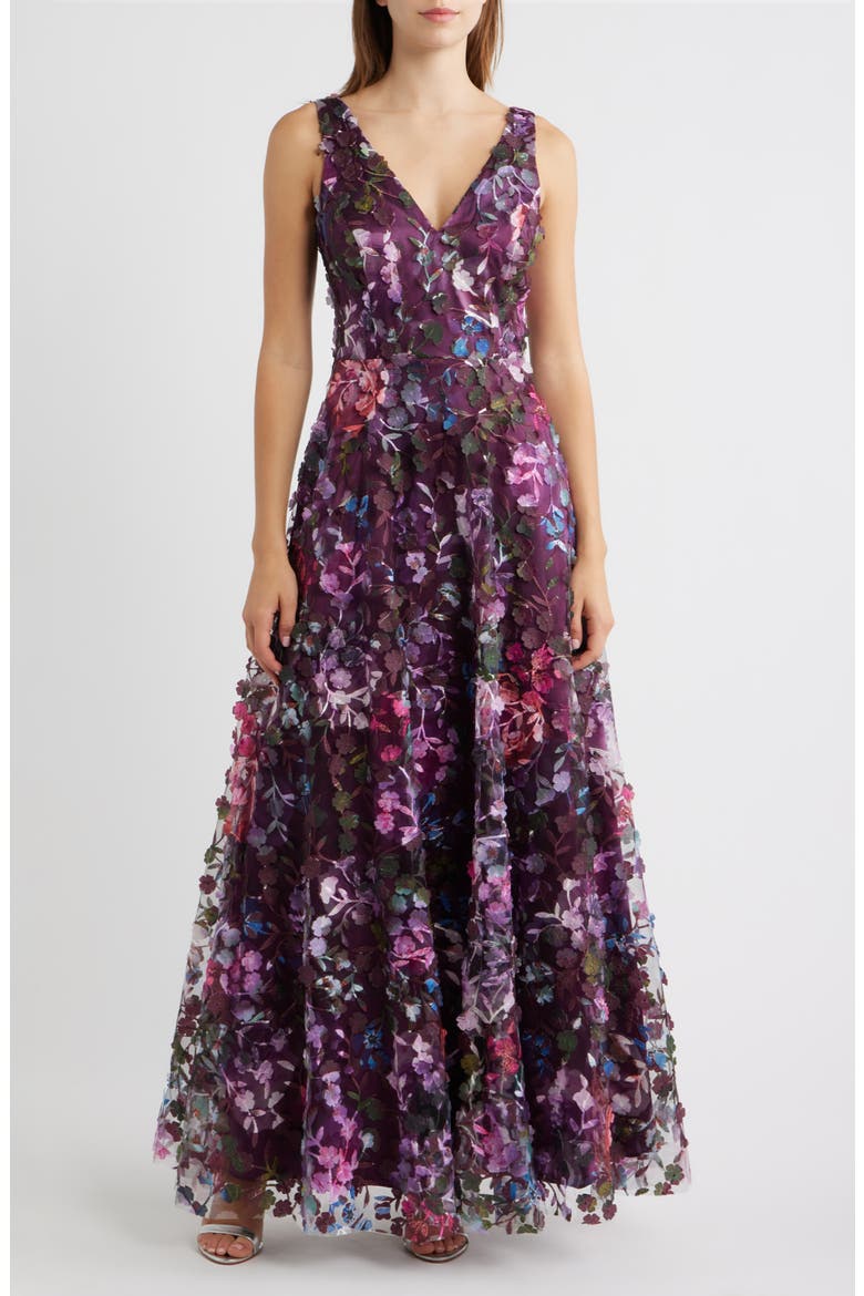 Floral Appliqué Sleeveless Gown, Main, color, EGGPLANT