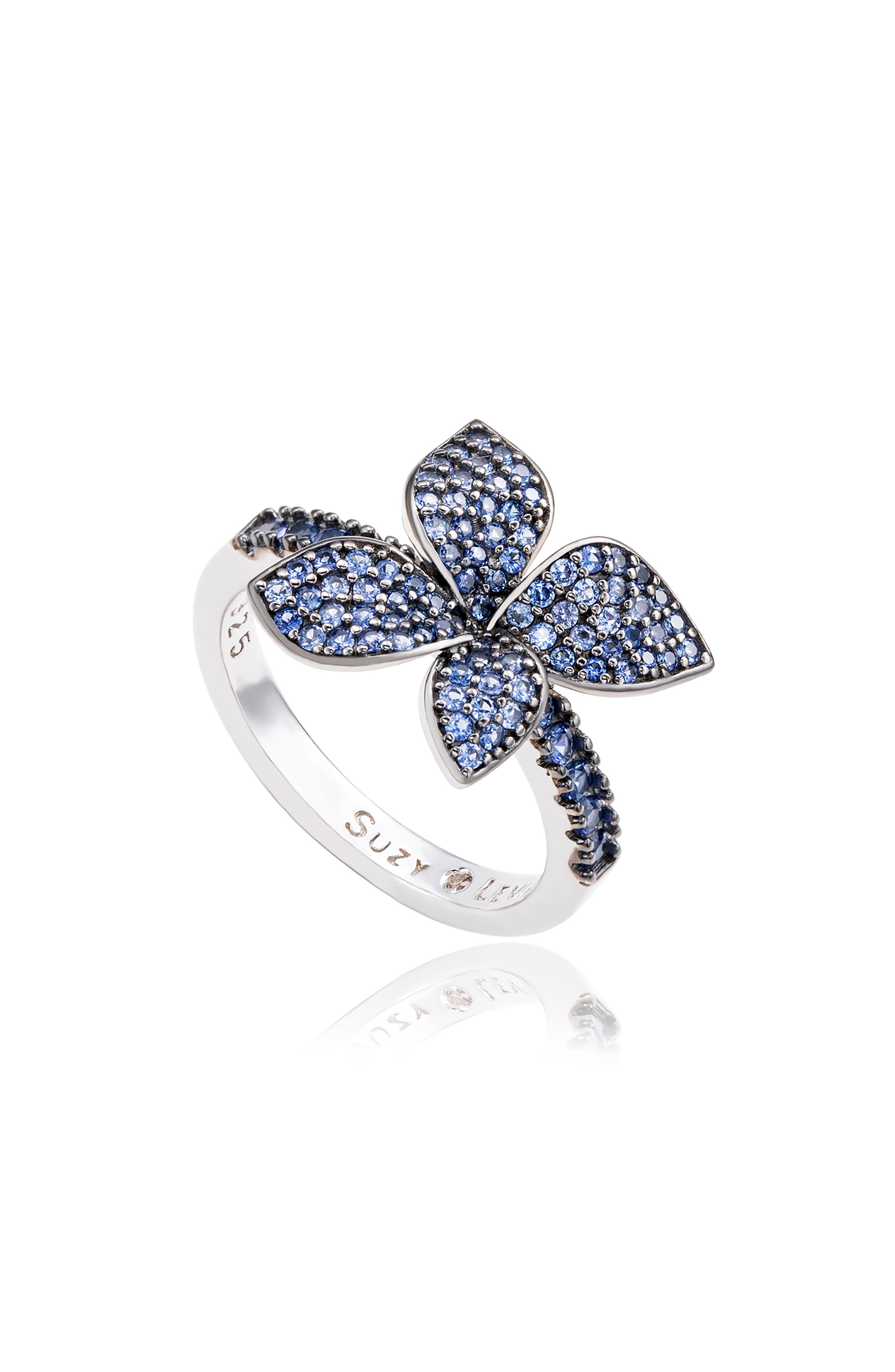 SUZY LEVIAN Sterling Silver Pavé Blue Sapphire Flower Ring