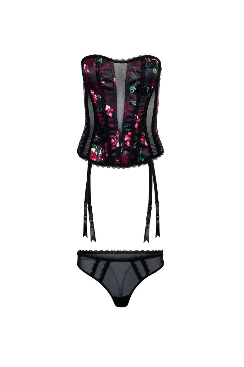 Serene Corset & Thong Set, Alternate, color, Floral black