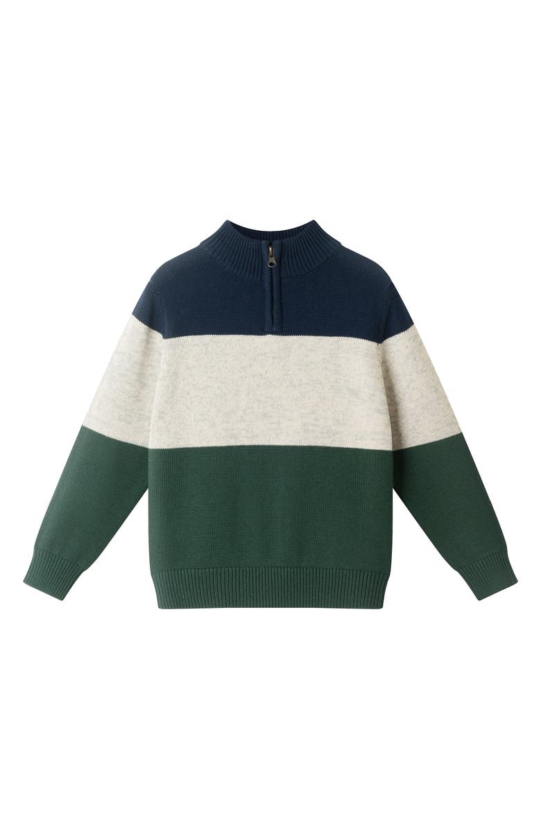 Andy & Evan Kids' Colorblock Quarter Zip Cotton Sweater, Main, color, Green Stripe