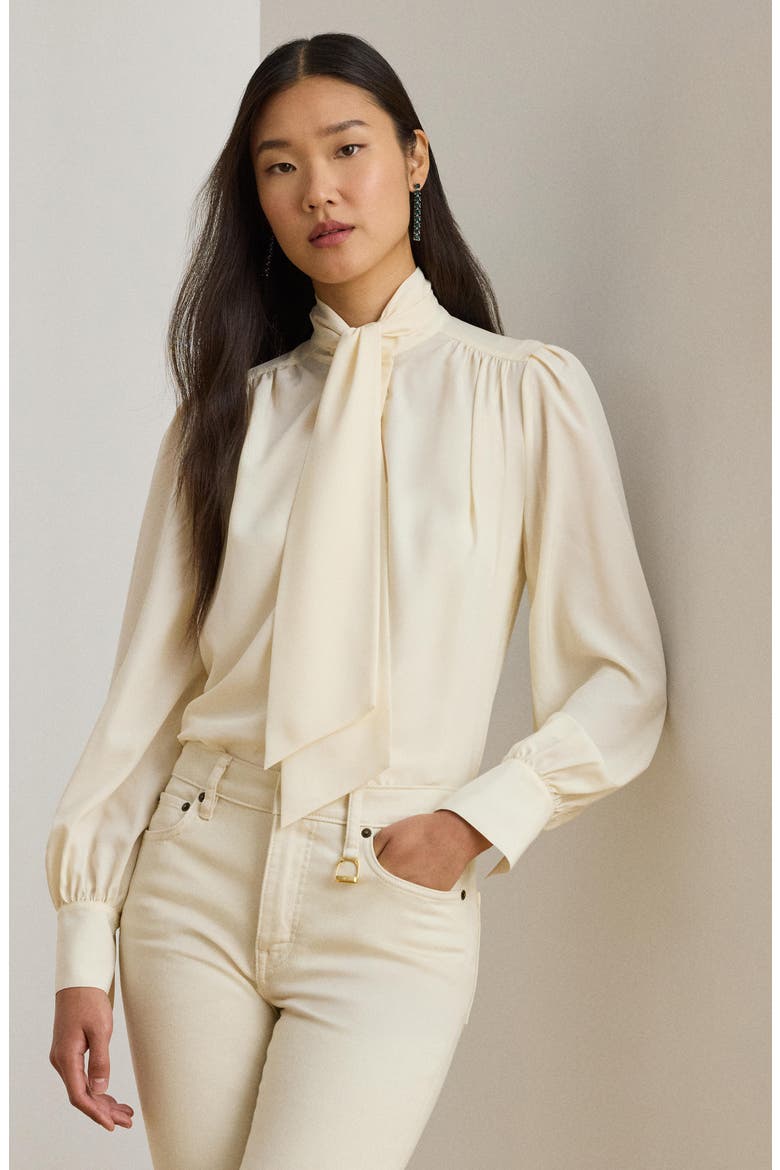 Georgette Tie Neck Shirt, Alternate, color, WINTER CREAM