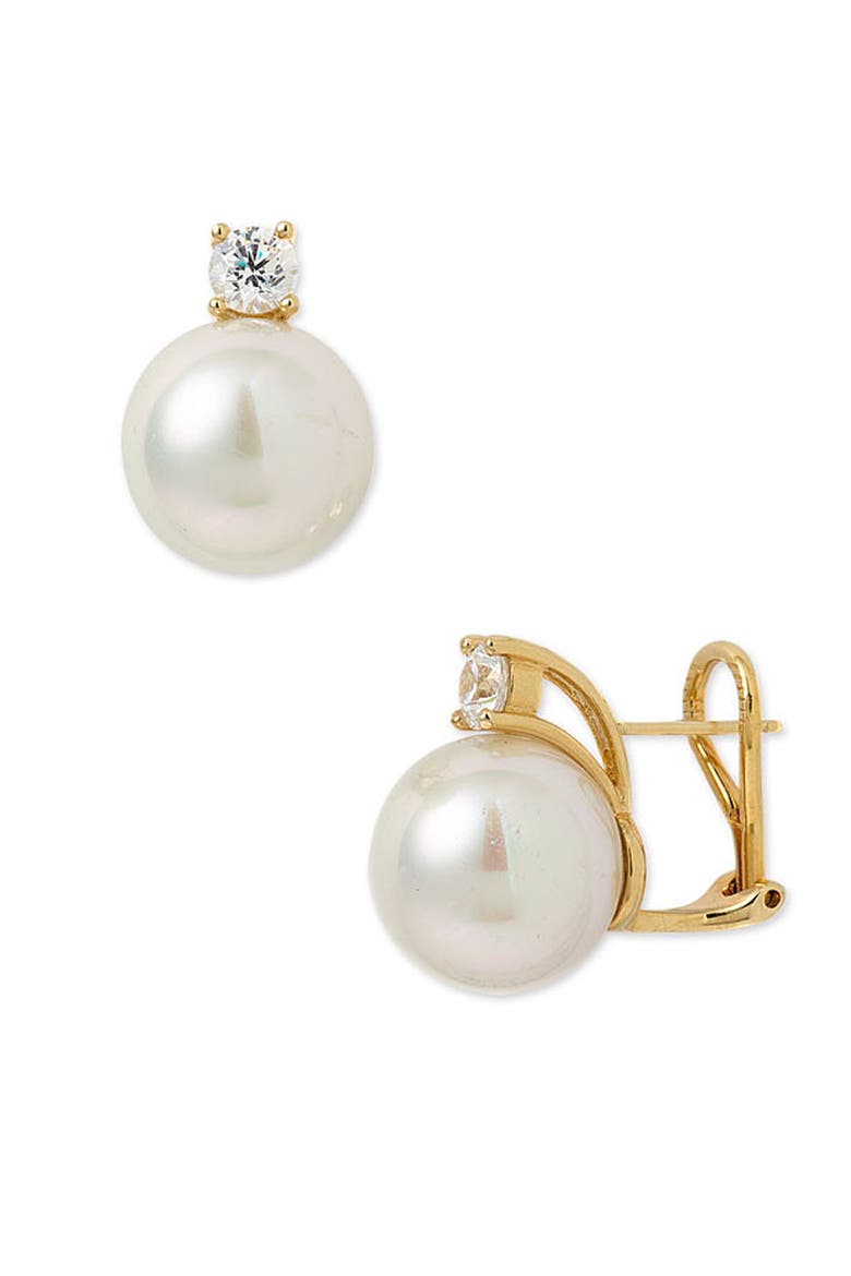 12mm Round Pearl Stud Earrings with Cubic Zirconia, Main, color, WHITE
