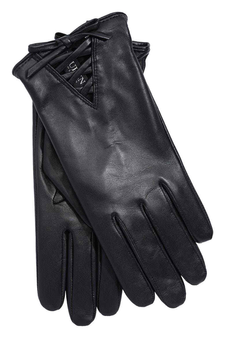 Laced Up Bow Leather Gloves, Alternate, color, BLACK