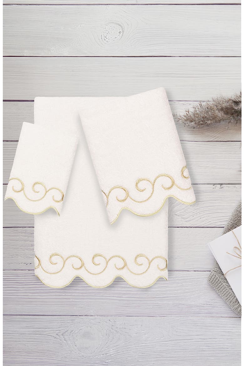 Simplicity Scalloped Scroll 3-Piece Turkish Cotton Towel Set, Alternate, color, WHITE/ BEIGE