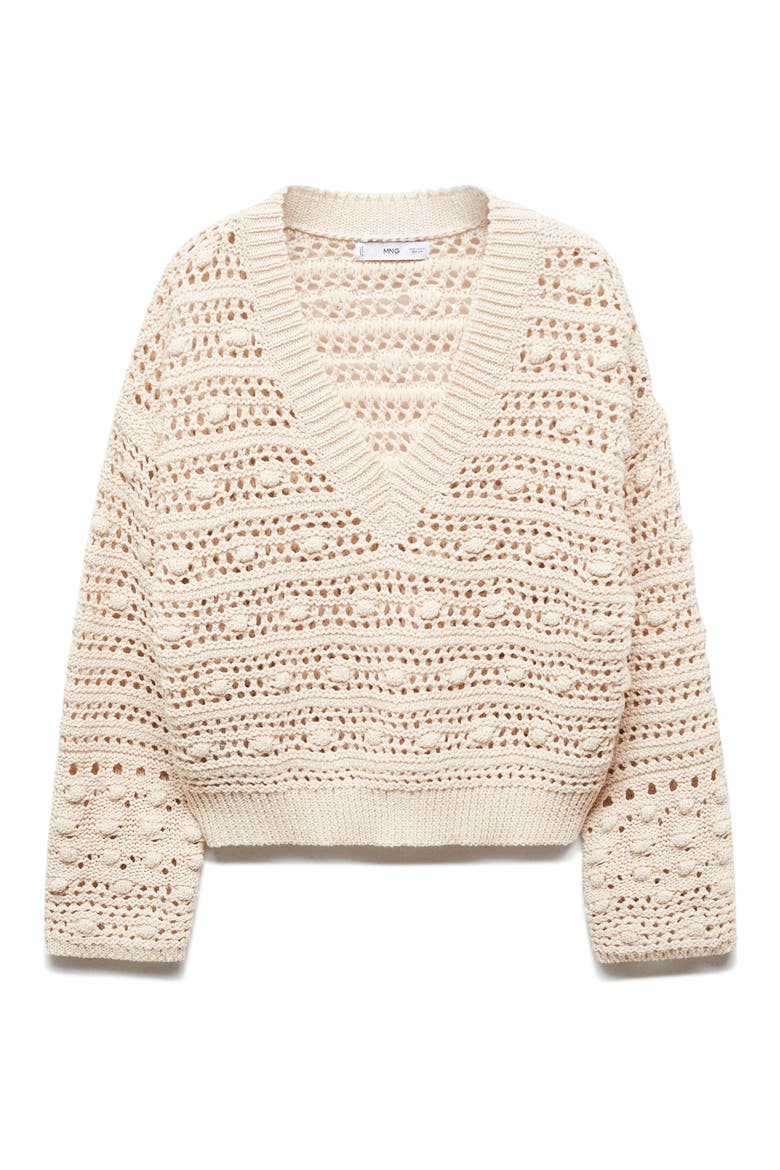 Openwork Stitch V-Neck Sweater, Alternate, color, LIGHT BEIGE