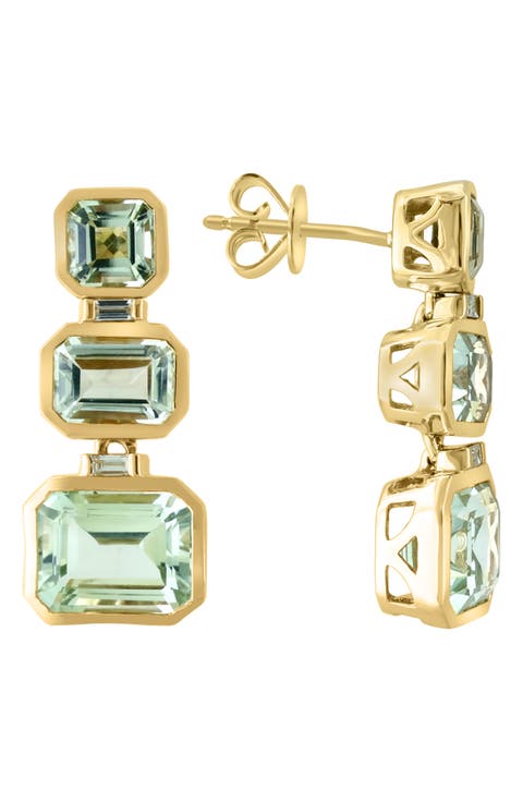 14K Yellow Gold Green Quartz & Diamond Drop Earrings - 0.11ct.
