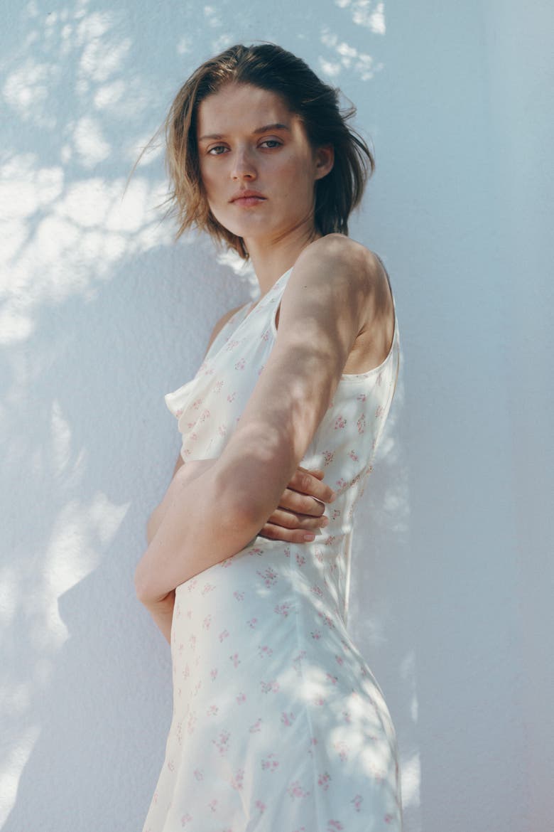 Cowl-neck Satin Dress, Alternate, color, Cream/floral