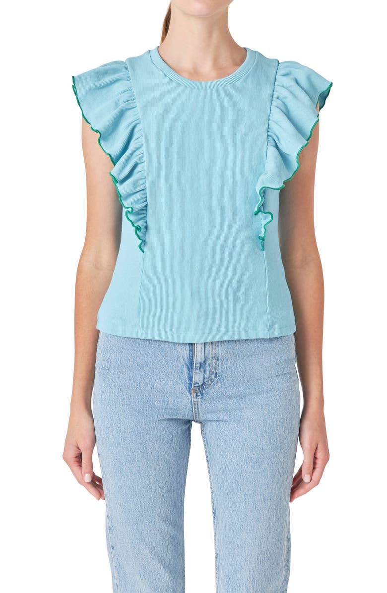 English Factory Merrow Ruffle Top, Alternate, color, Powder Blue/ Green