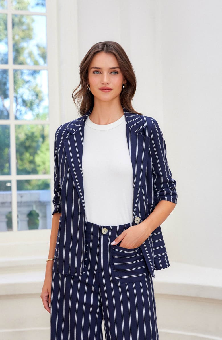 Karen Kane Stripe Ruched Sleeve Stretch Cotton Jacket, Alternate, color, Navy