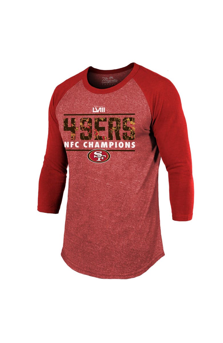 Majestic Threads Men's Majestic Threads Scarlet San Francisco 49ers 2023 NFC Champions Tri-Blend Raglan 3/4-Sleeve T-Shirt, Alternate, color, 