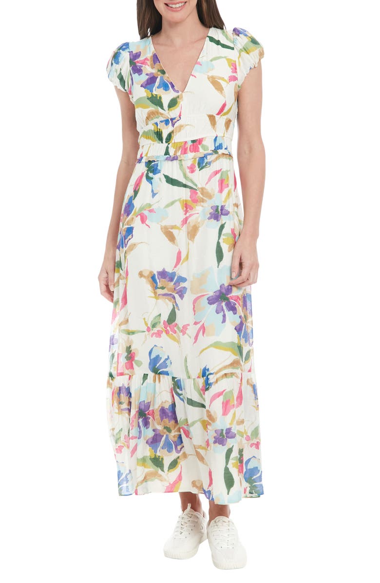 London Times Floral Cap Sleeve Empire Waist Chiffon Maxi Dress, Main, color, White/ Pink/ Purple