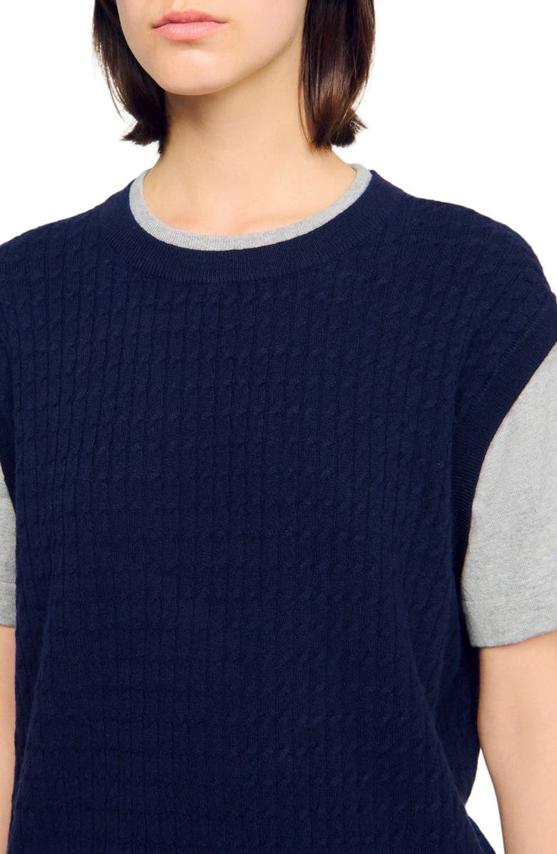 SANDRO Dual-material knit sweater, Alternate, color, Navy / Grey