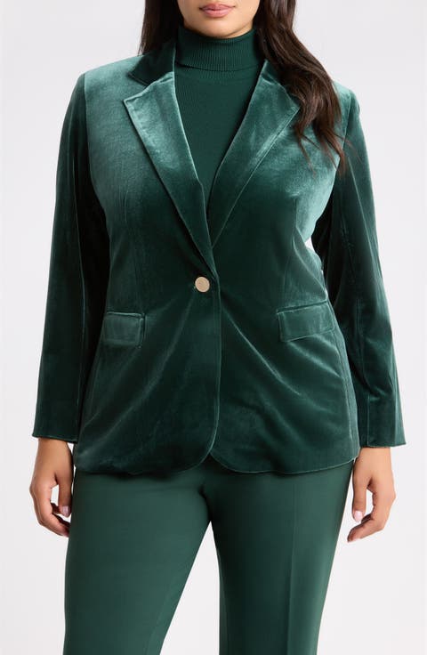 One-Button Notch Collar Velvet Blazer