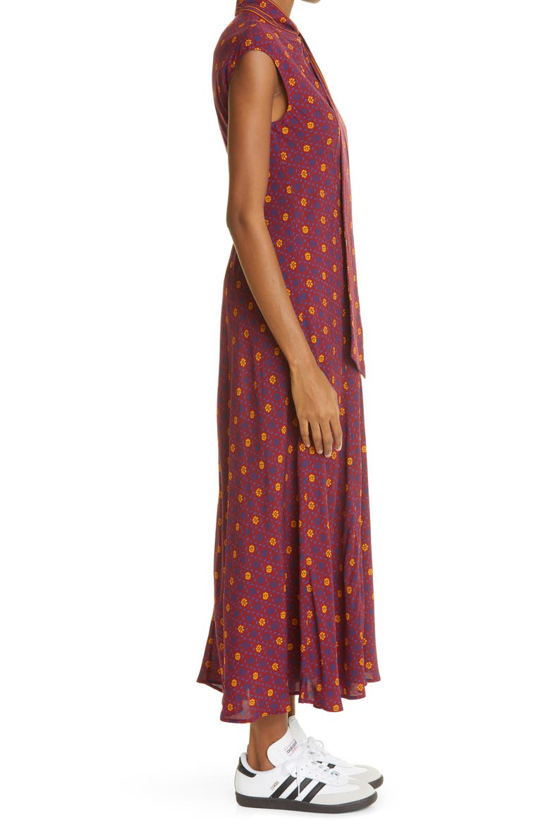 Madras Floral Print Tie Neck Midi Dress, Alternate, color, BORDEAUX/ VIOLET/ MANDARIN