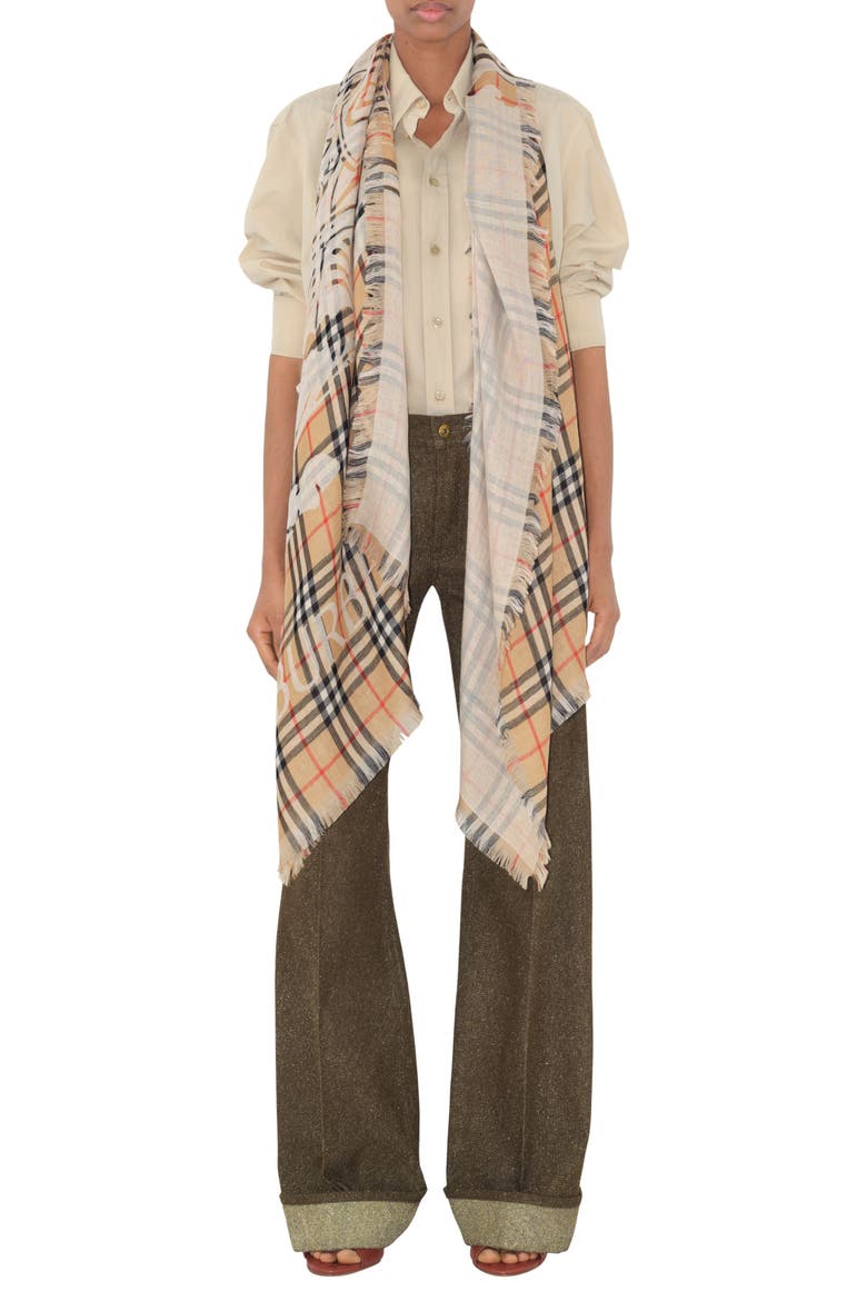 Equestrian Knight Design Check Wool Scarf, Alternate, color, SAND