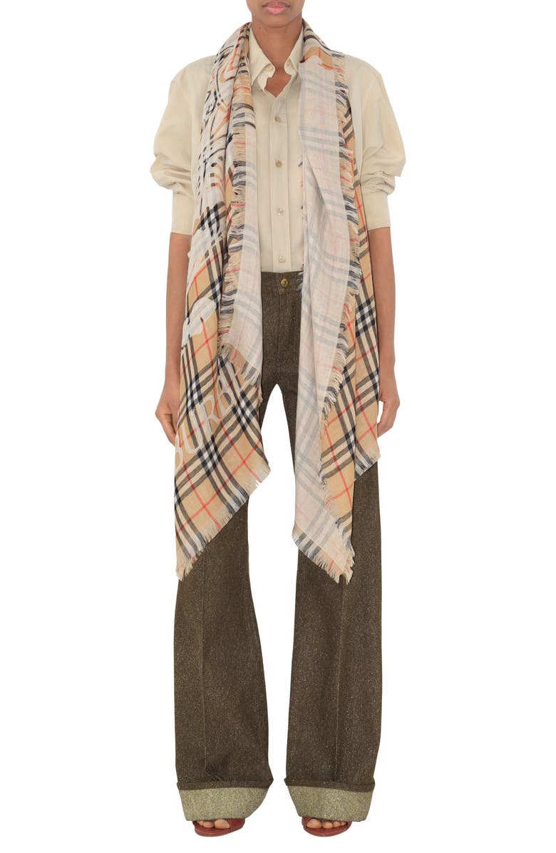 Burberry Equestrian Knight Design Check Wool Scarf, Alternate, color, Sand