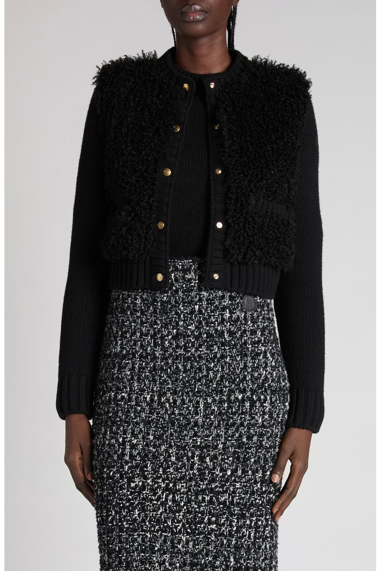 Faux Shearling & Quilted Down Cardigan, Main, color, BLACK