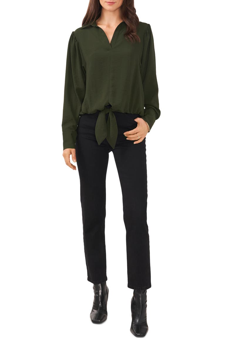 Hammered Satin Tie Front Top, Alternate, color, PINE FOREST