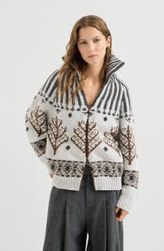 Brunello Cucinelli Cashmere And Mohair Nordic Heritage High-neck Cardigan With Zipper