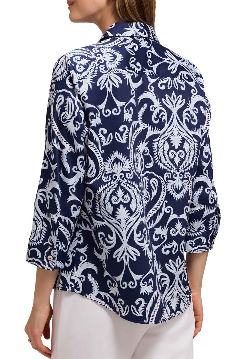 Foxcroft Hampton Damask Shirt, Alternate, color, Navy Blue/ White