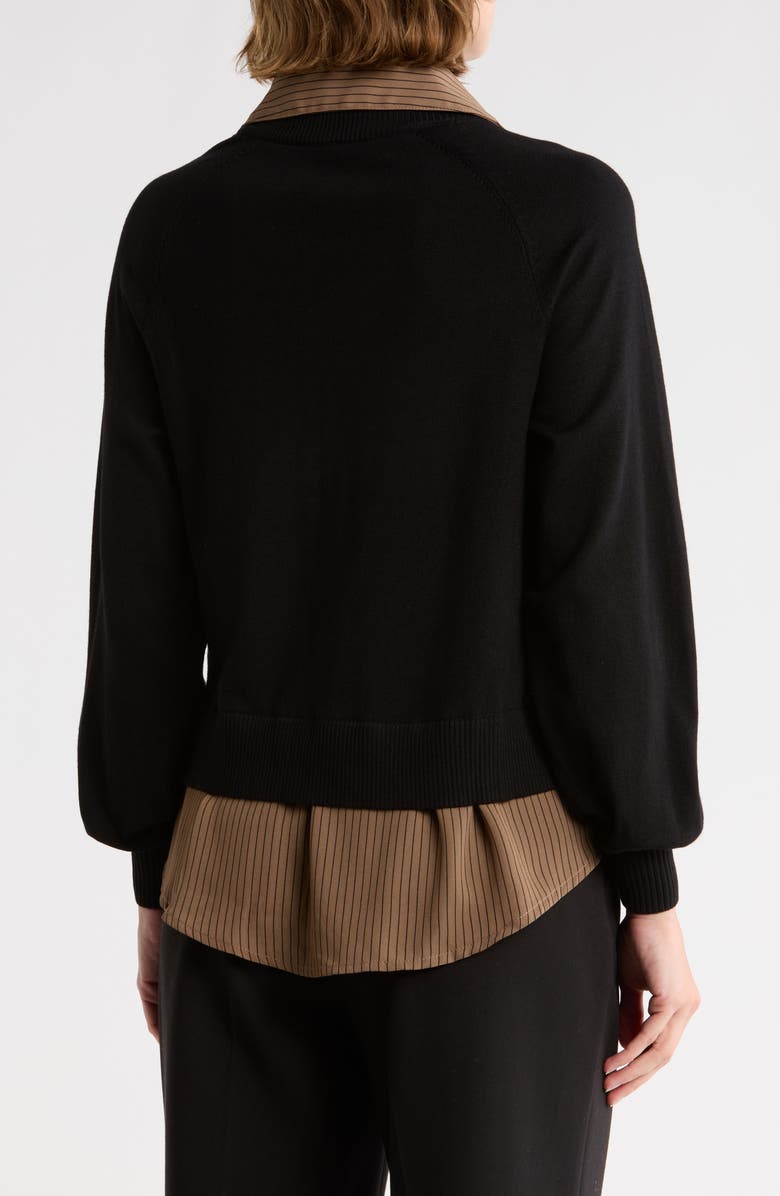 Adrianna Papell V-Neck Twofer Sweater, Alternate, color, Black W/ Mocha Petite Stripe