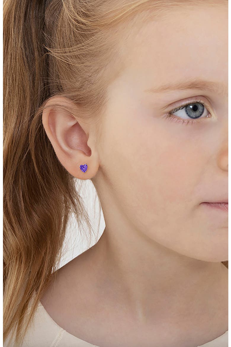 14k Tiny Cubic Zirconia Heart Earrings, Alternate, color, February