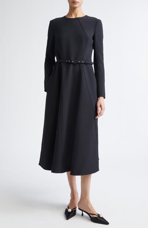 Uccelina Belted Long Sleeve Bird's Eye Suiting Fit & Flare Dress