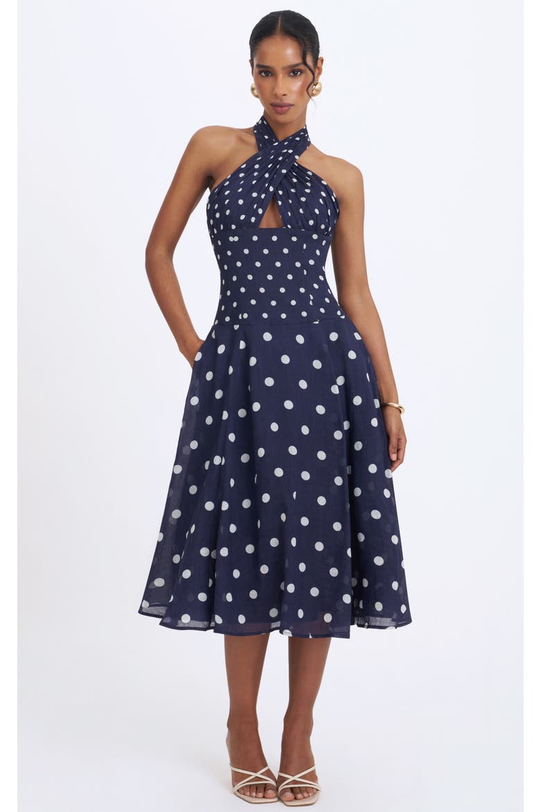 Nuri Polka Dot Ramie Crossover Halter A-Line Midi Dress, Main, color, Navy
