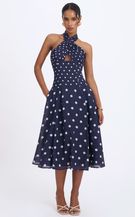 Nuri Polka Dot Ramie Crossover Halter A-Line Midi Dress