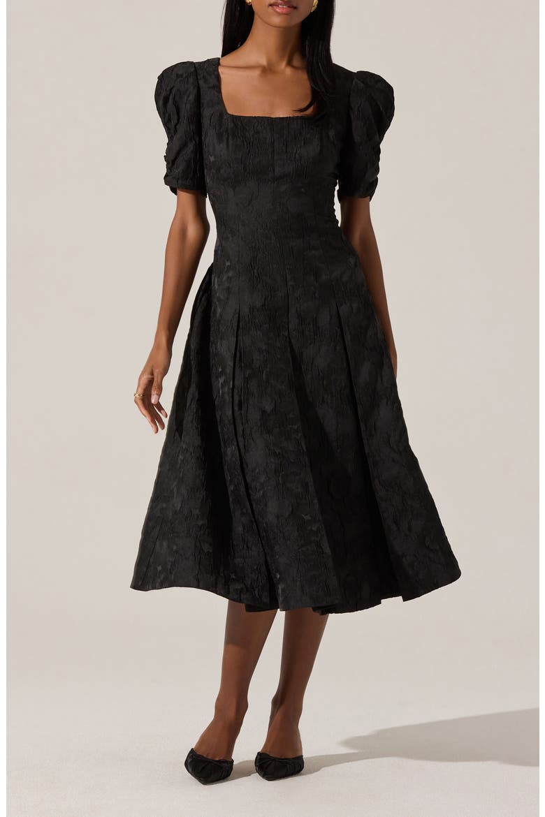 Mosella Puff Sleeve Midi Dress, Main, color, BLACK