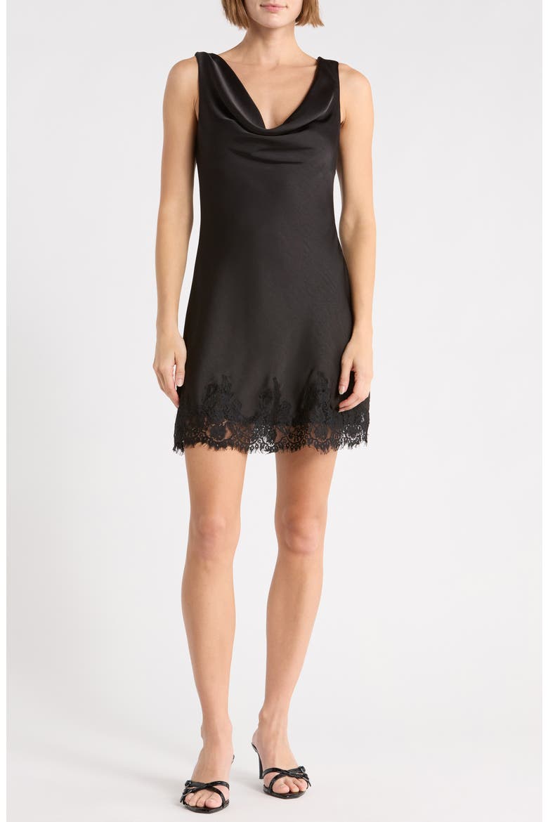 Lace Trim Cowl Neck Minidress, Main, color, BLACK