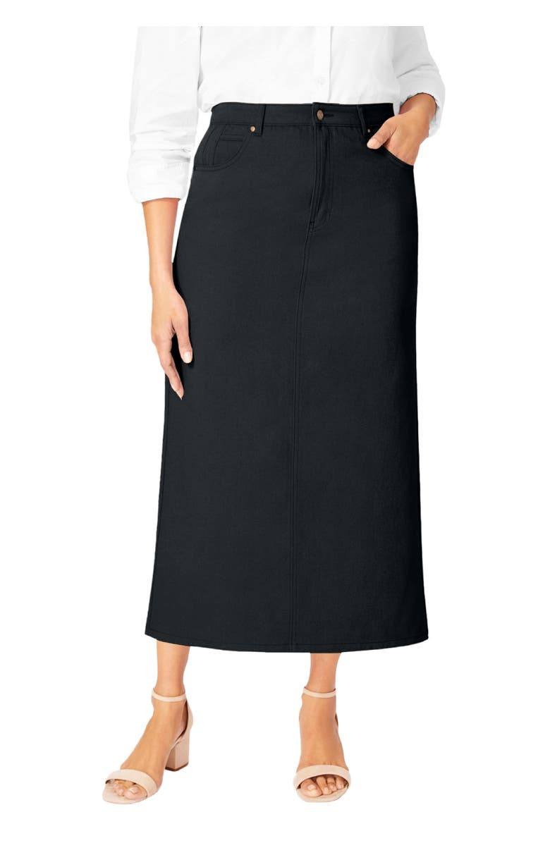 Jessica London Classic Cotton Denim Midi Skirt, Main, color, Black
