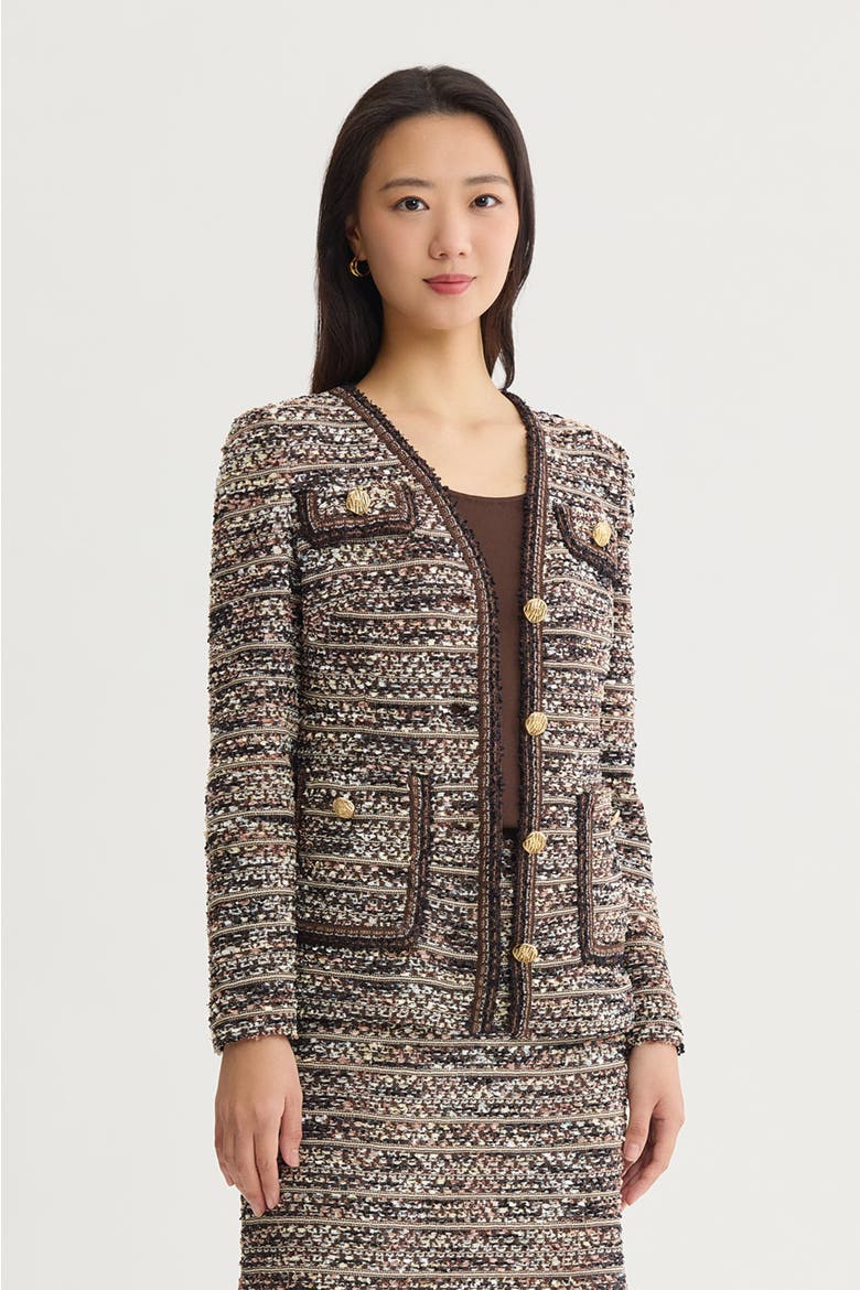Eyelash Tweed Knit Jacket, Alternate, color, Warm Taupe/Dark Umber/Ivory