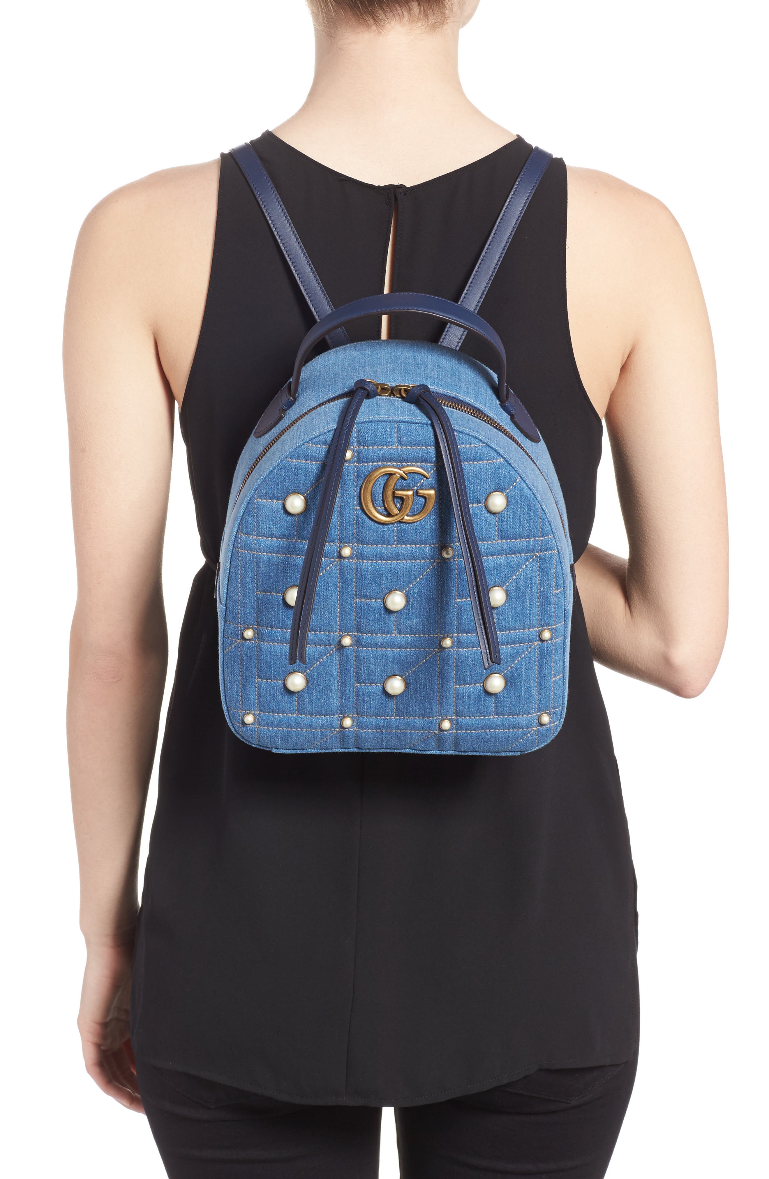 Gucci GG Marmont 2.0 Imitation Pearl Embellished Denim Backpack, Alternate, color, 