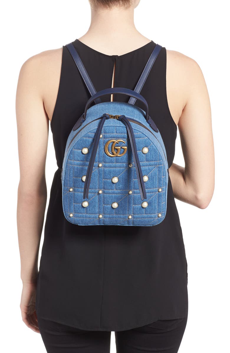 Gucci GG Marmont 2.0 Imitation Pearl Embellished Denim Backpack, Alternate, color,