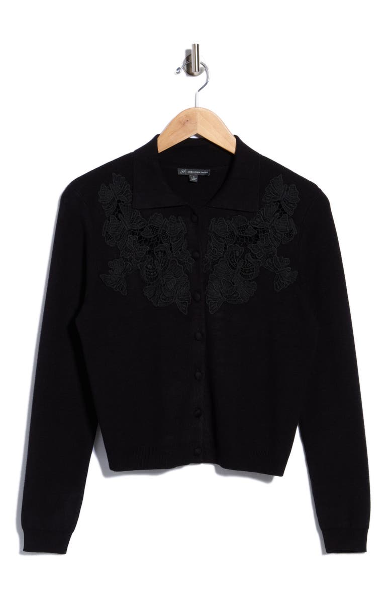 Lace Appliqu Polo Cardigan, Main, color, BLACK