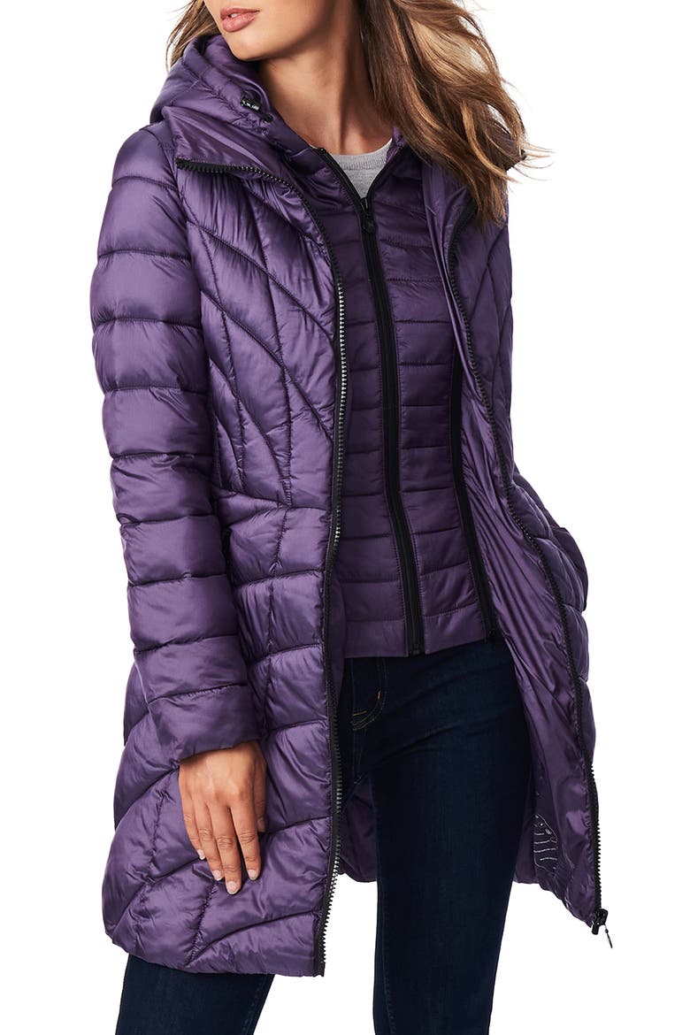 Mixed Quilt Ecoplume™ Packable Hooded Puffer Jacket, Main, color, BLACK CURRANT