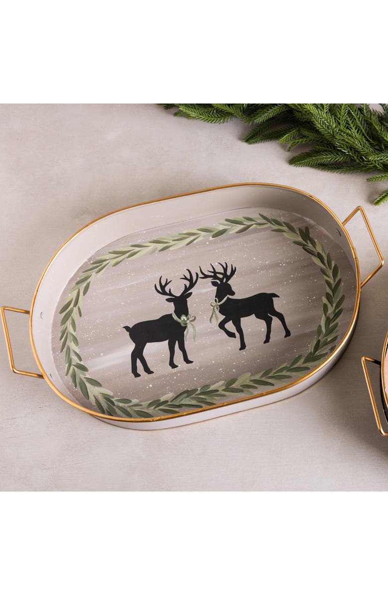 Transpac Metal Oval Deer Tray Multicolored Decorative Tabletop Tray, Alternate, color, Brown