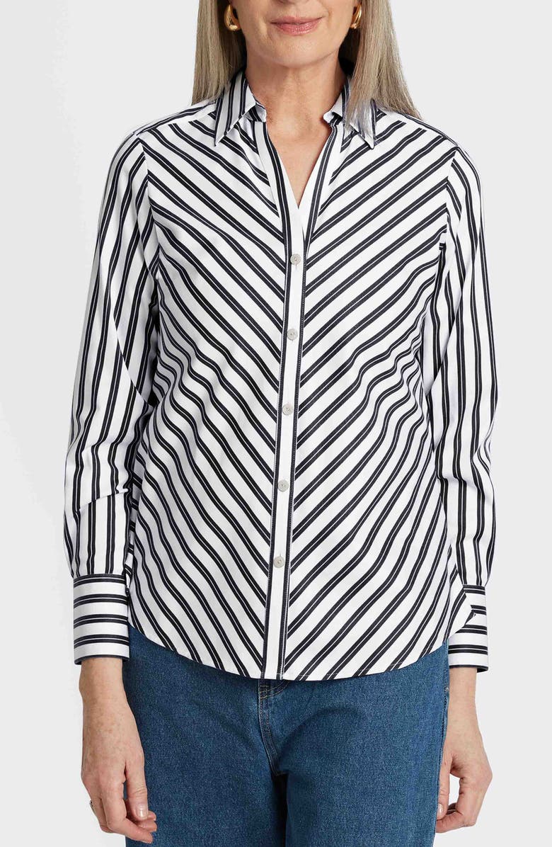 Foxcroft Mary Stripe Cotton Blend Button-Up Shirt, Main, color, Black/White