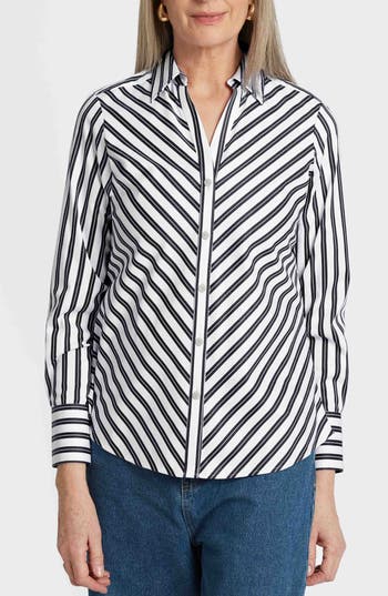 Foxcroft Mary Stripe Cotton Blend Button-up Shirt In Black/white