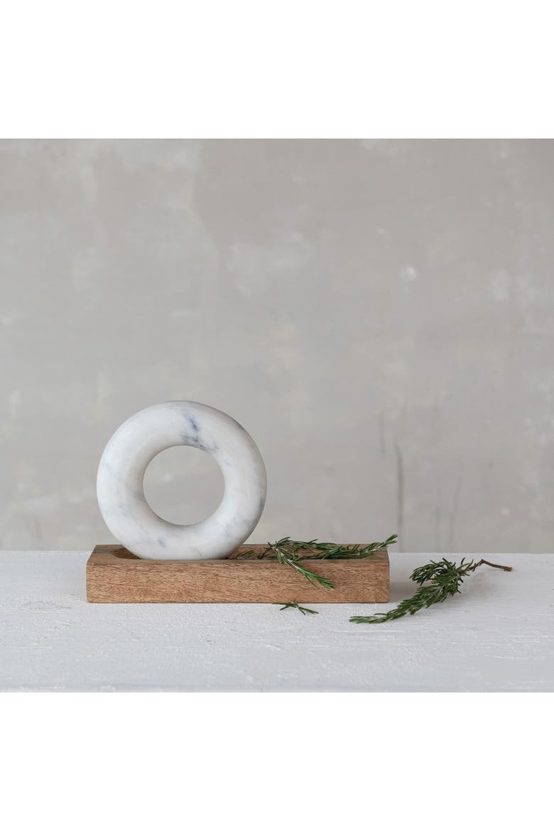 Mango Wood Mortar with Marble Ring Shaped Pestle, Natural and White, Alternate, color, Natural