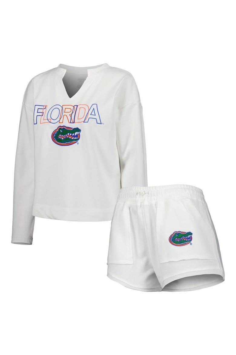 Women's Concepts Sport  White Florida Gators Sunray Notch Neck Long Sleeve T-Shirt & Shorts Set, Main, color, White