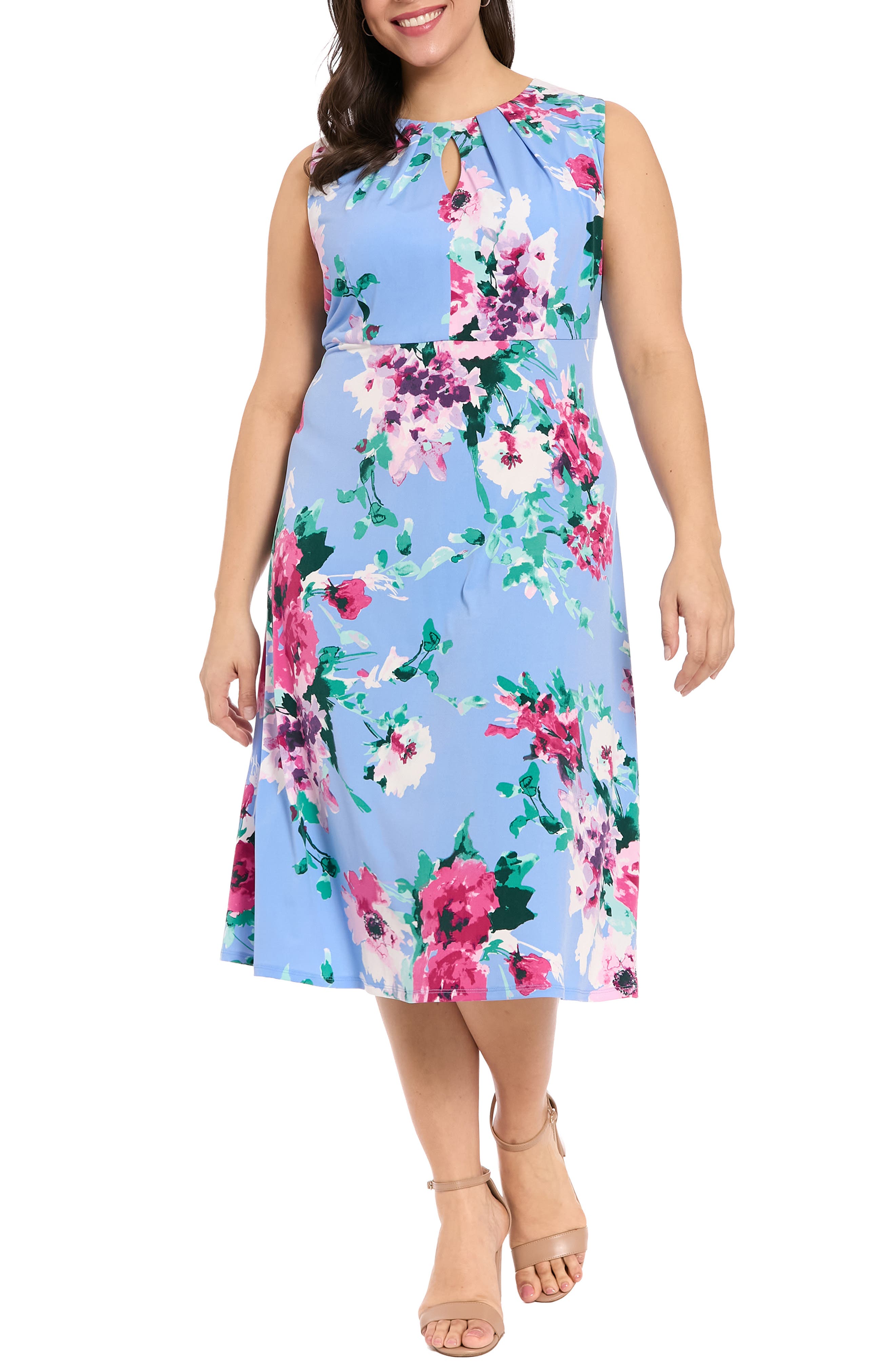 London Times Floral Print Keyhole Midi Dress