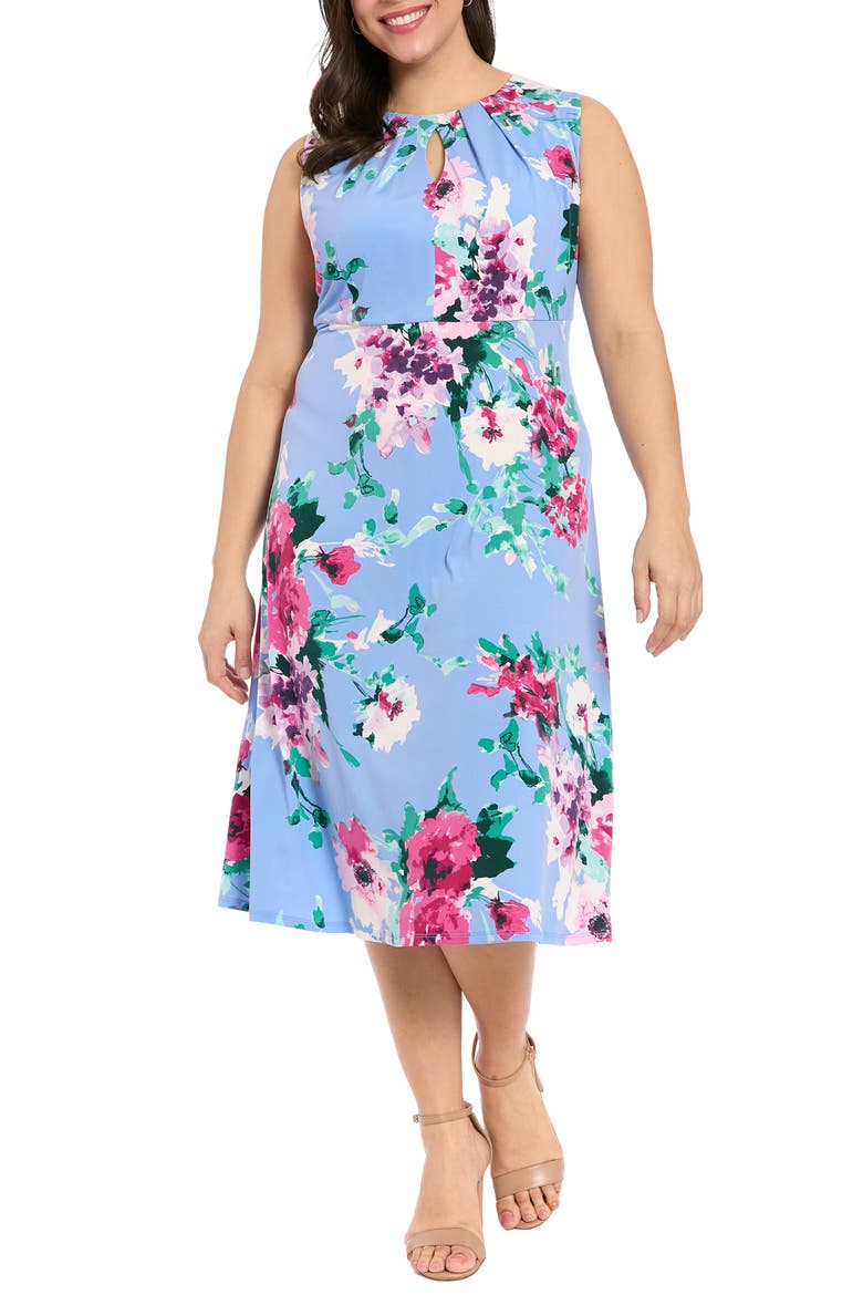 Floral Print Keyhole Midi Dress, Main, color, SKY/ PINK